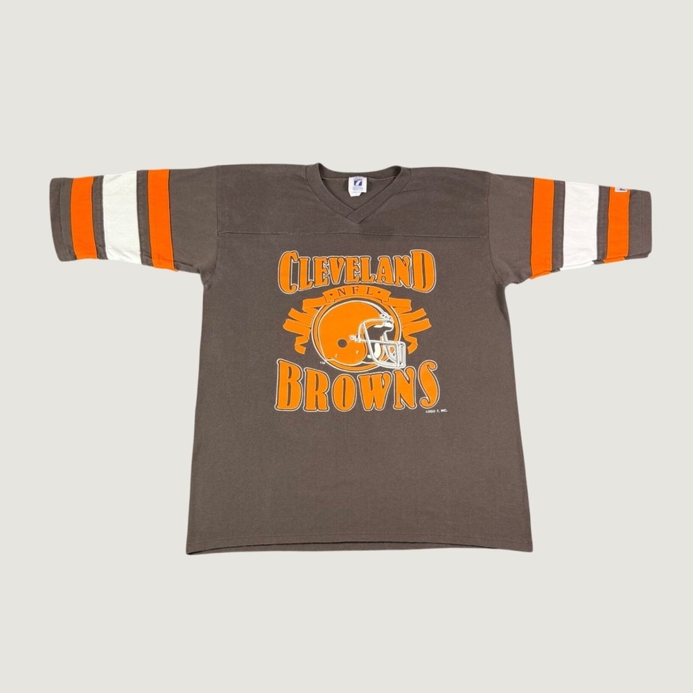 Vintage Logo 7 Cleveland Browns NFL T-Shirt Brown Large Made in USA V-Neck